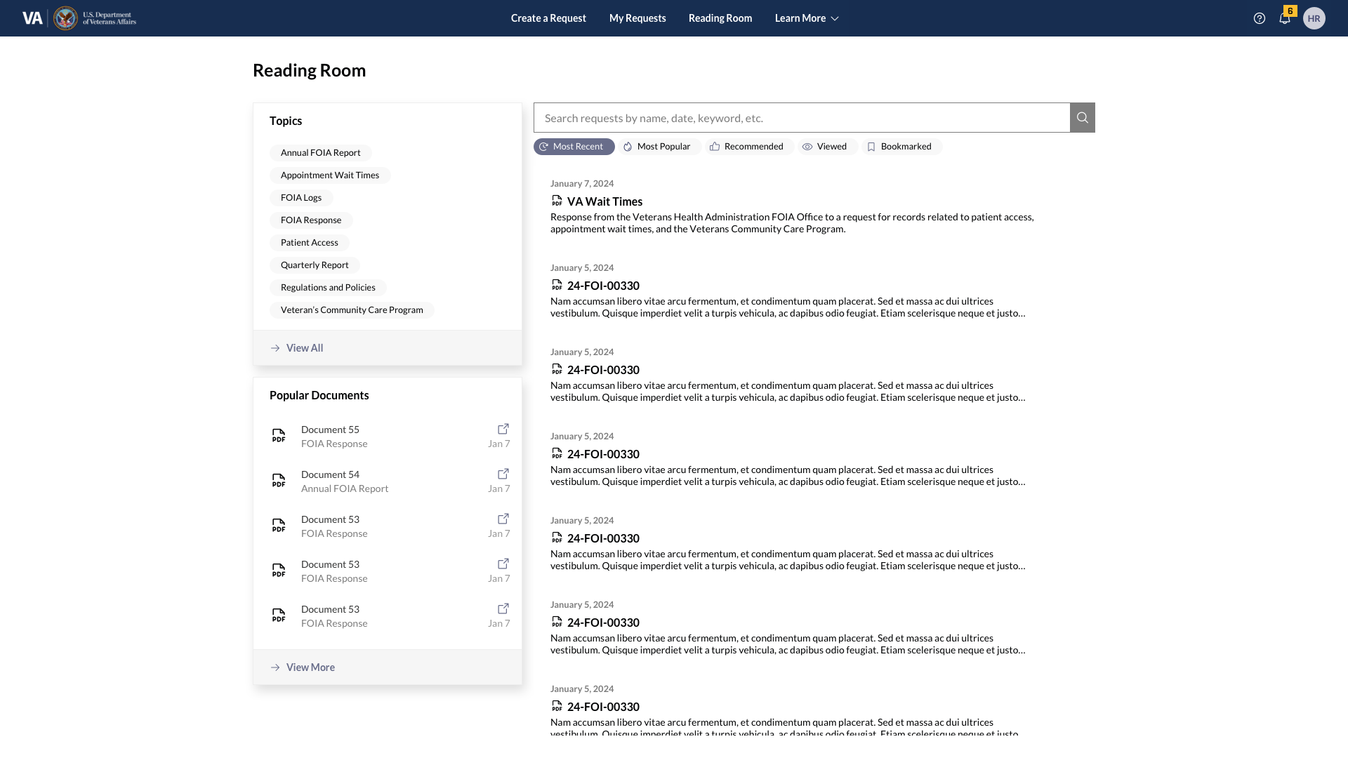 FOIA portal reading room with search and document discovery