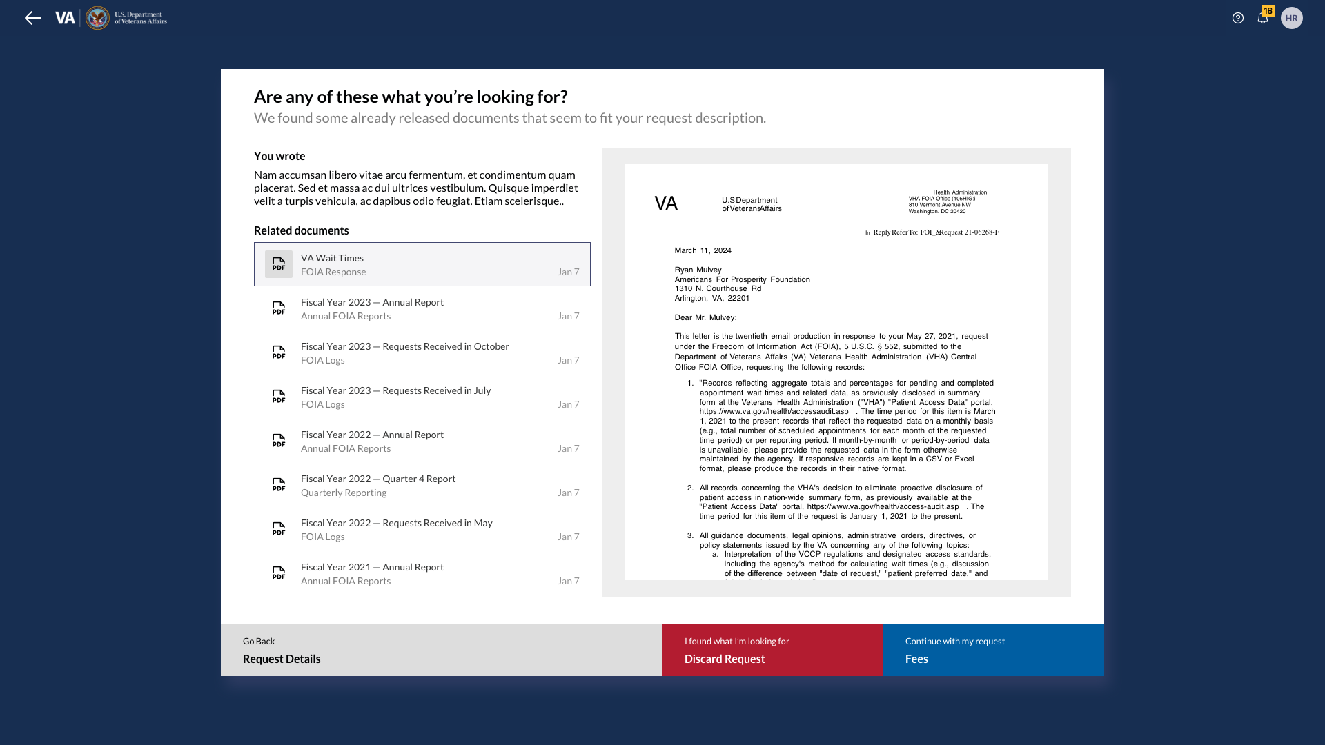 Request form showing matching documents prompt before submission
