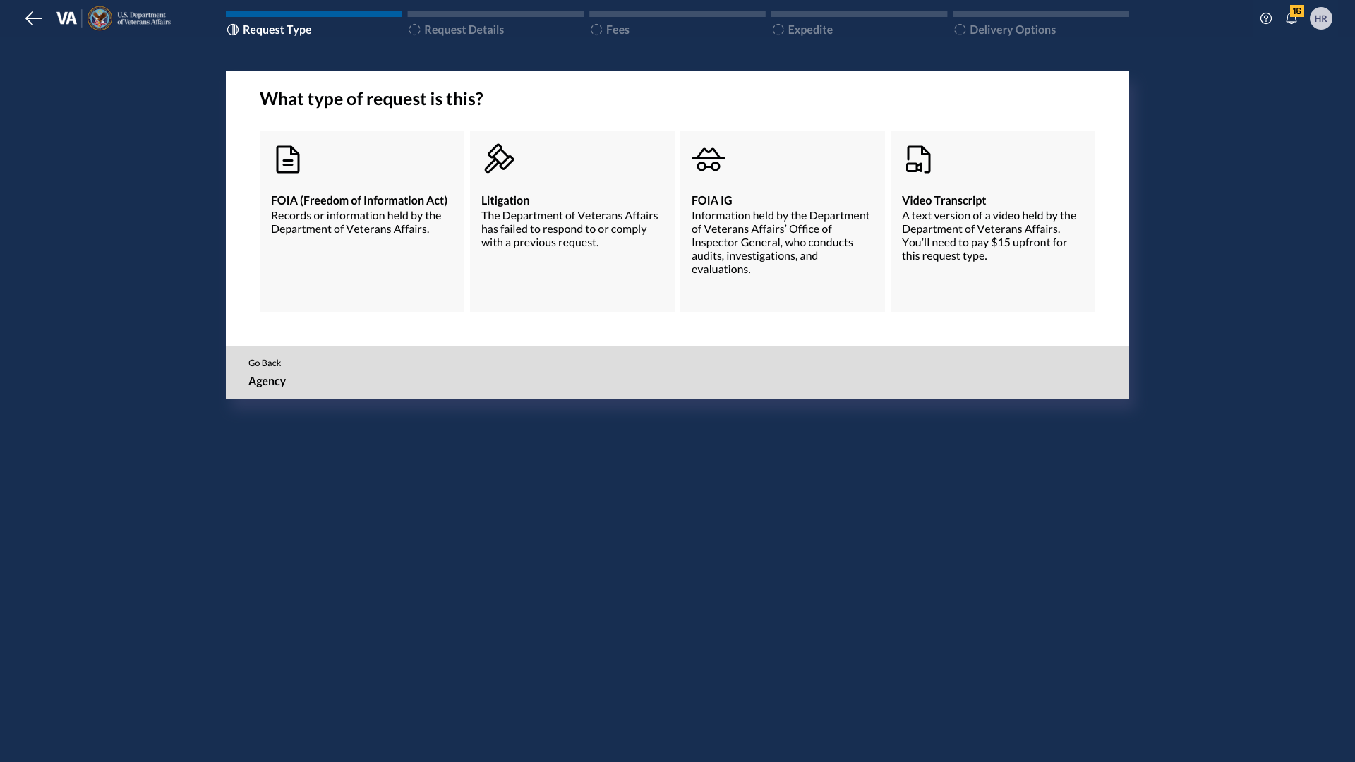 Multi-step request wizard showing progressive disclosure and contextual help