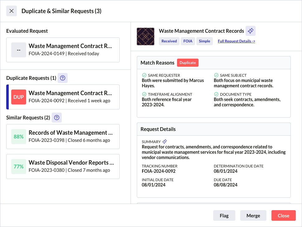 Modal showing duplicate and similar request detection with similarity scores