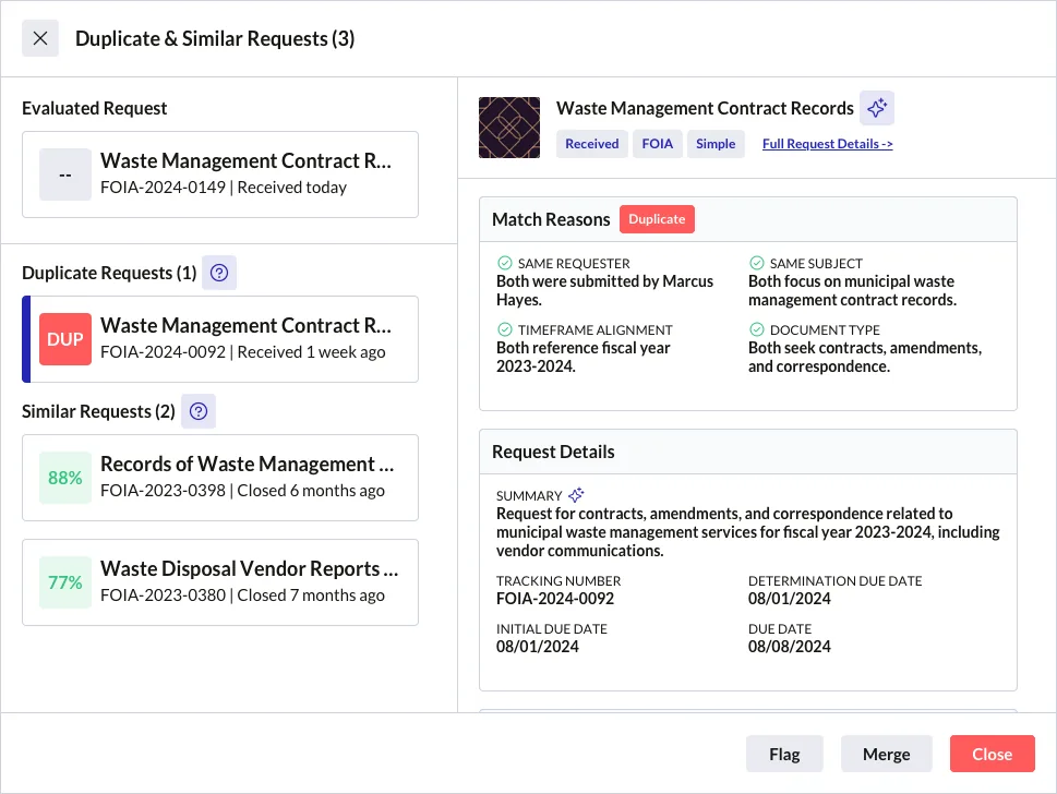 Modal showing duplicate and similar request detection with similarity scores and highlighted overlapping text