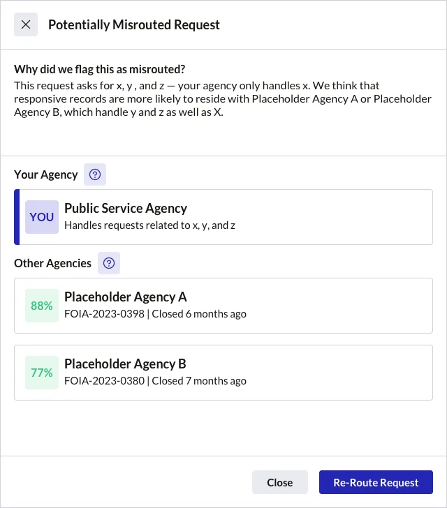 Modal showing a misrouted request alert with the suggested correct agency